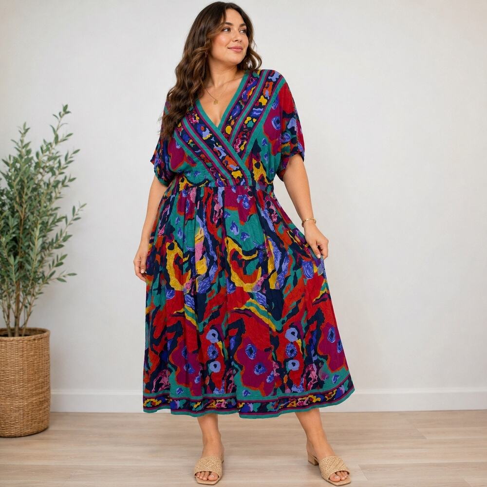 Together! Vintage 90s Abstract Print Midi Dress Colorful Boho Rayon Plus Sz 20W